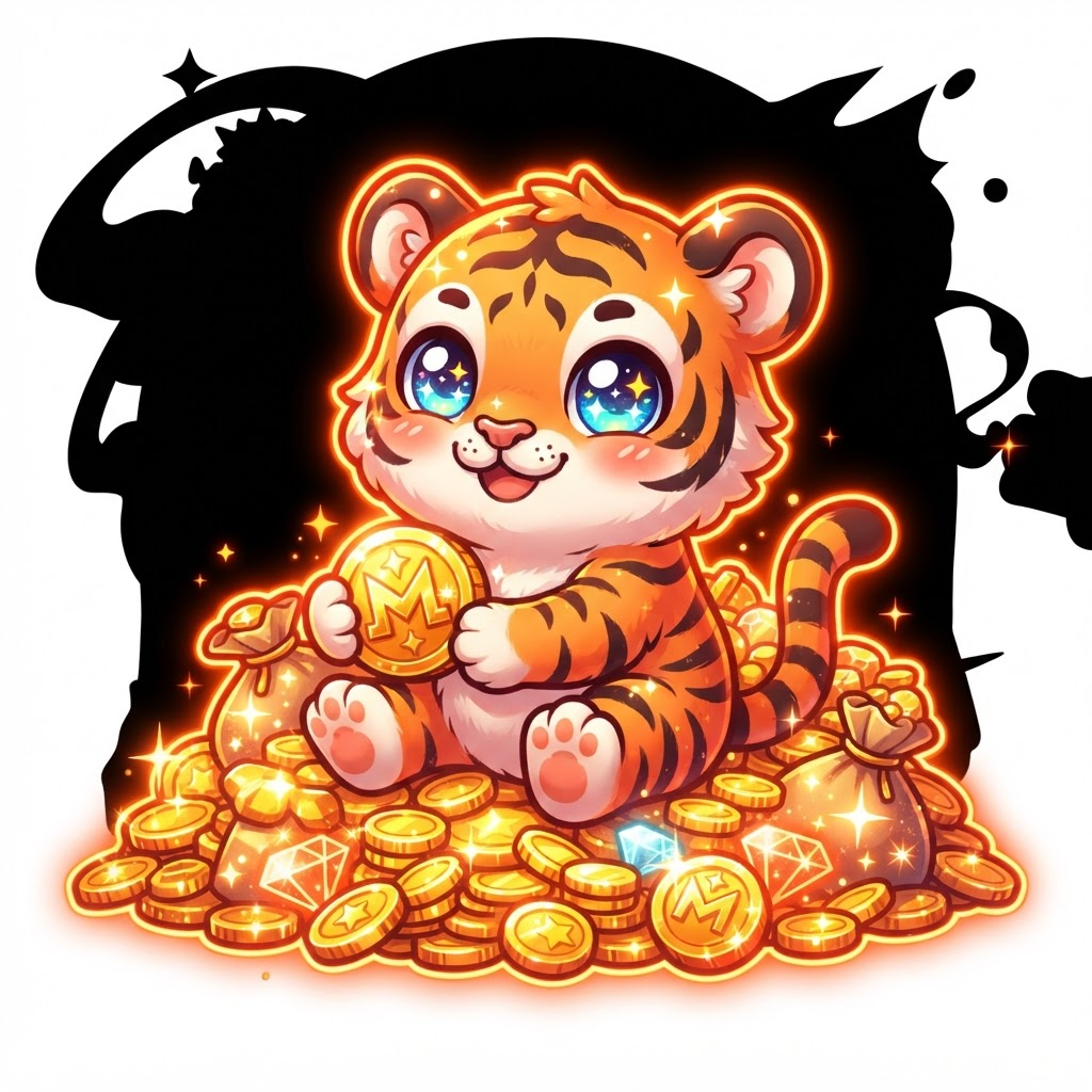 Tiny Tiger cub sitting on a pile of gold coins with a neon glow