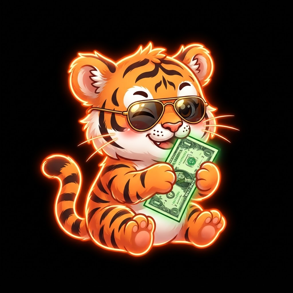 Tiny Tiger cub wearing sunglasses and holding a dollar bill