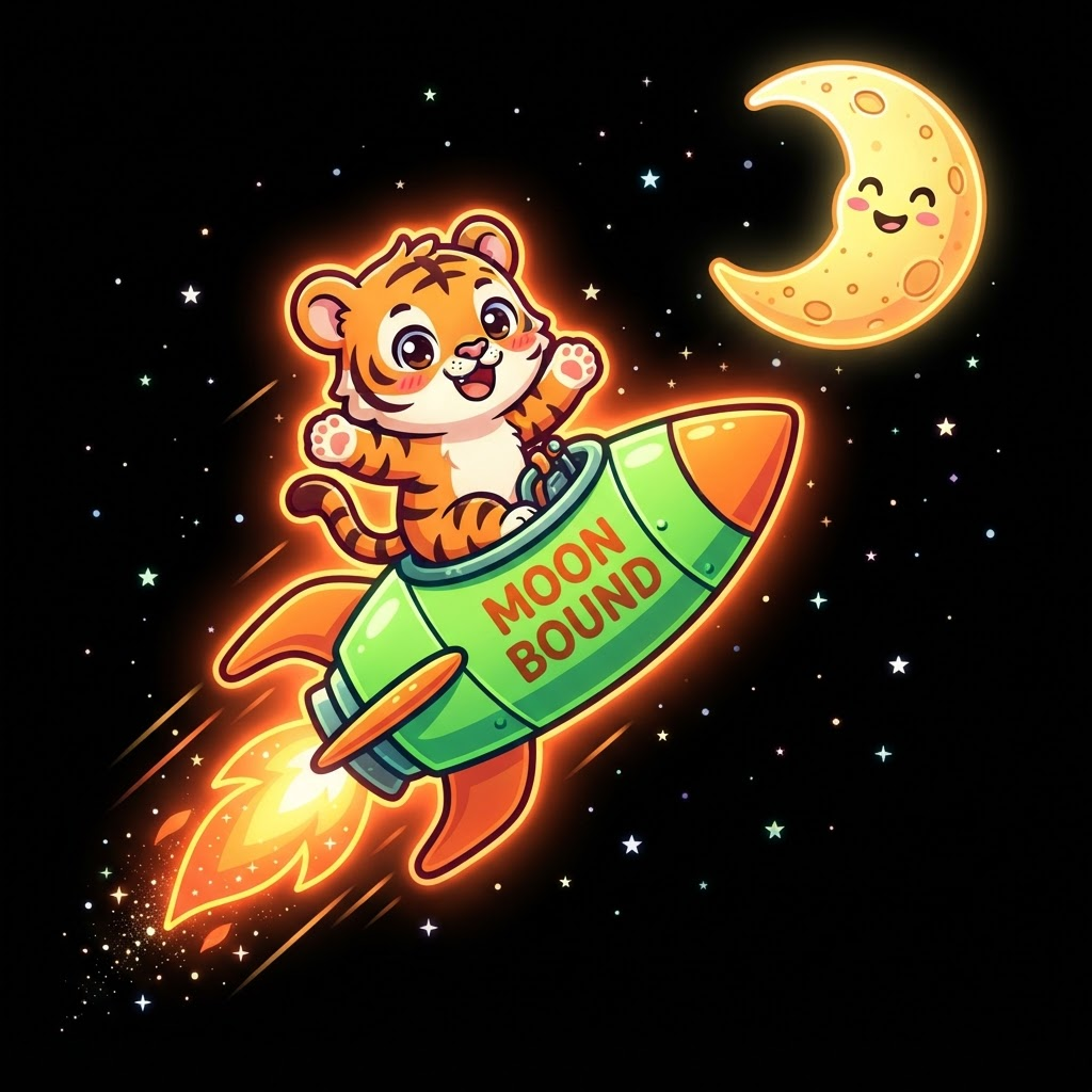 Tiny Tiger cub riding a rocket to the moon